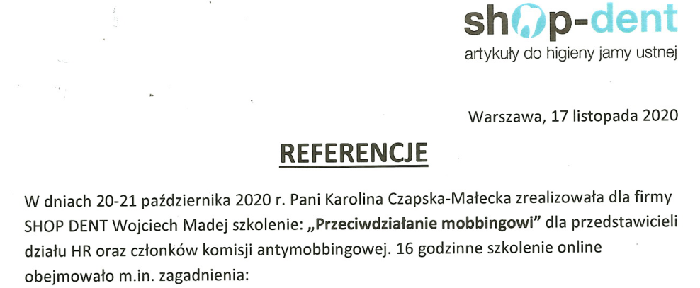 Shopdent Referencje dla ProLaboria (Karoliny Czapskiej-Małeckiej)