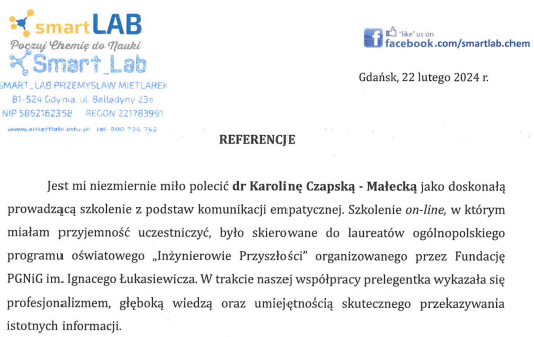 SmartLab poczuj chemię do nauki referencje dla ProLaboria (dr Karoliny Czapskiej-Małeckiej)